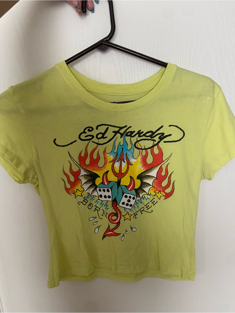Ed Hardy Yellow Graphic Tee with Multicolor Flames